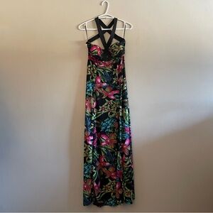 QED London Black Floral Maxi Dress Crisscross Straps – Size M/L EUC